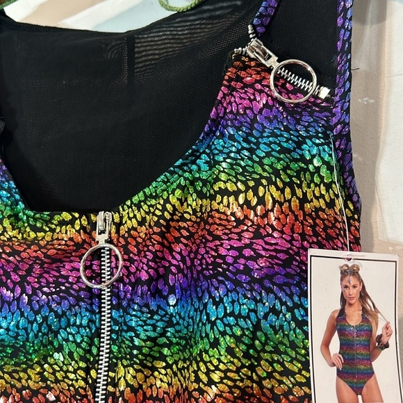 Spree Girl Swim Black Mesh Rainbow holographic rave one piece swimsuit medium - Picture 3 of 7